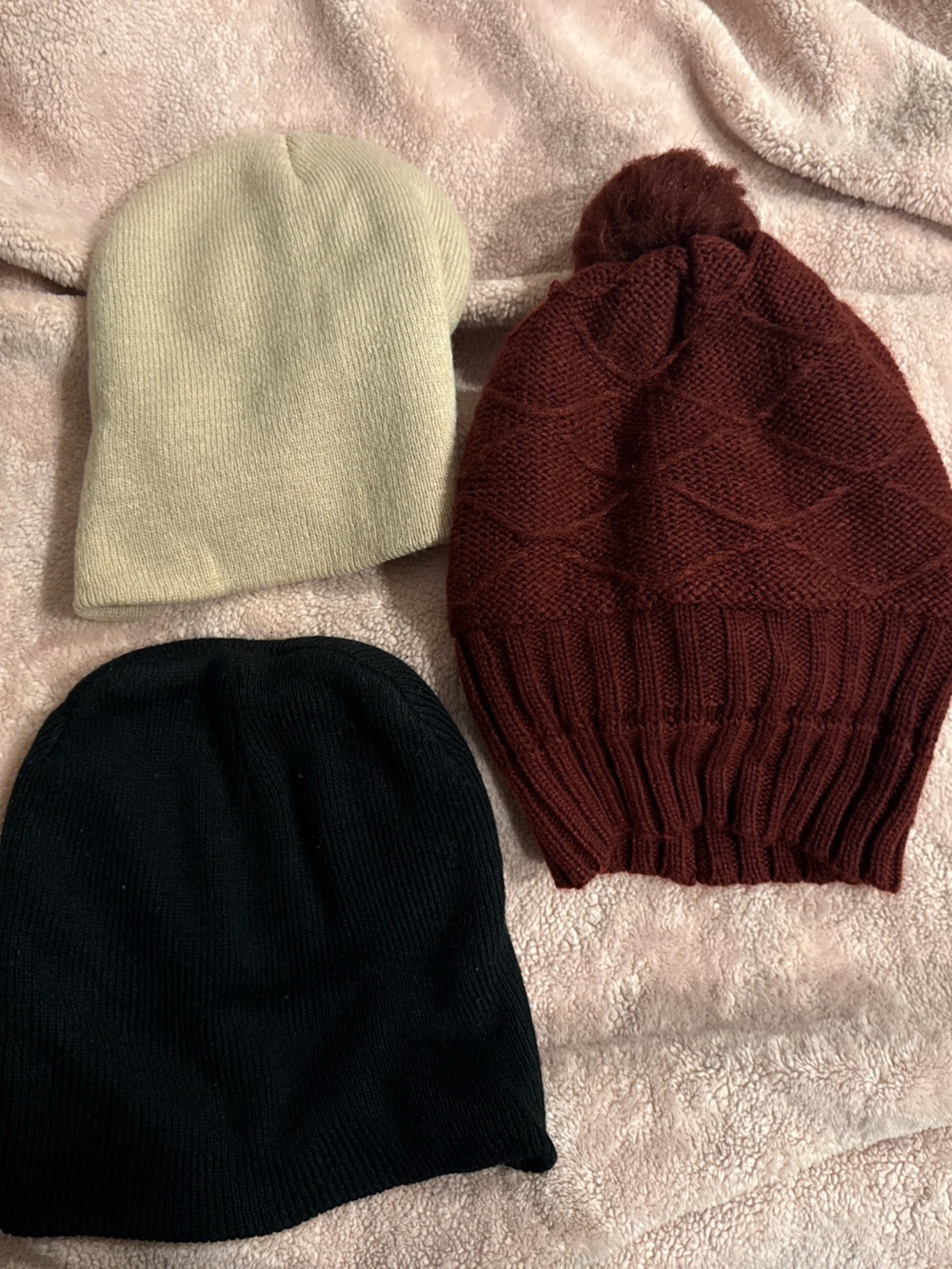 Three Knit Beanies - Black, Cream & Maroon